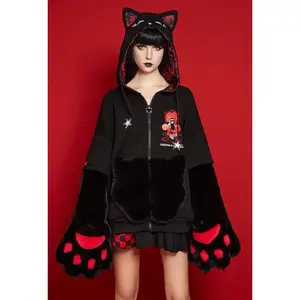 Emily the Strange Halloween Print Cat Zip Up Hoodie with Furry Paw Gloves
