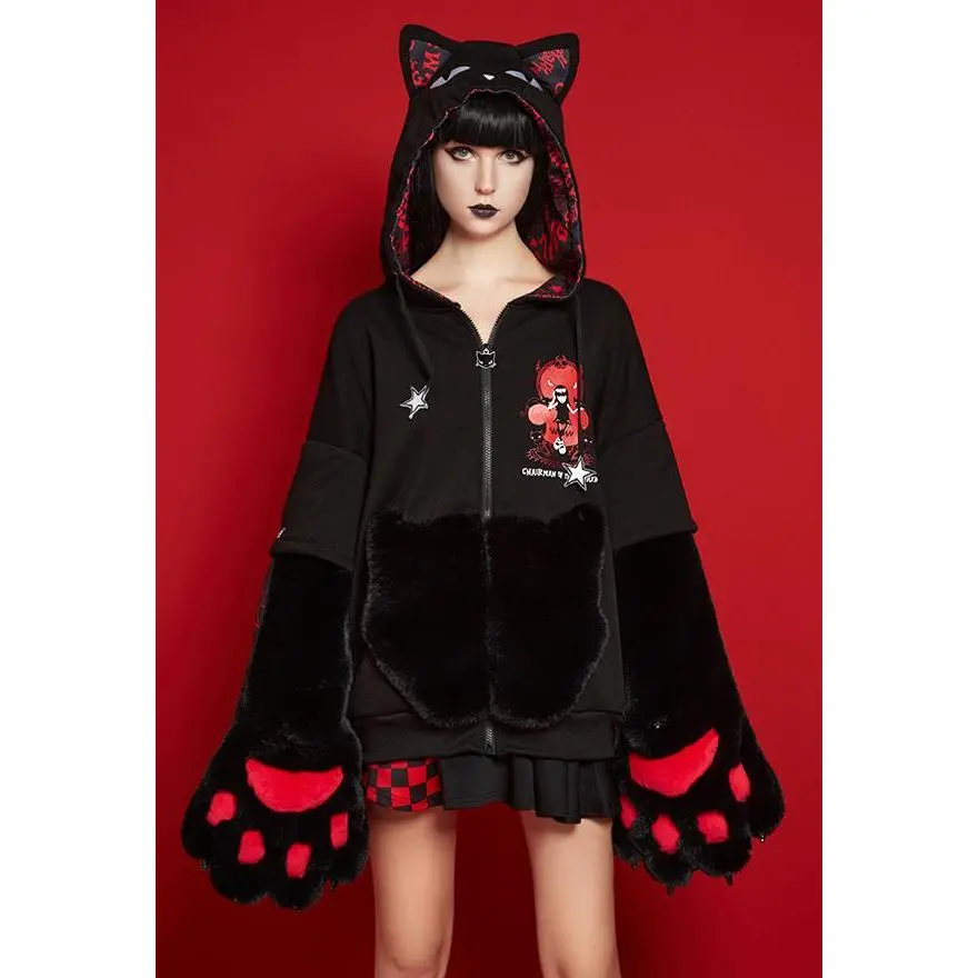 micotaku Women's Hooded Loose-Fitting Emily the Strange Cartoon Cat Ear Zip-Up Hoodie, Polyester Halloween Cosplay Costume with Furry Paw Gloves, Straps & Print, Gothic Long-Sleeve Top