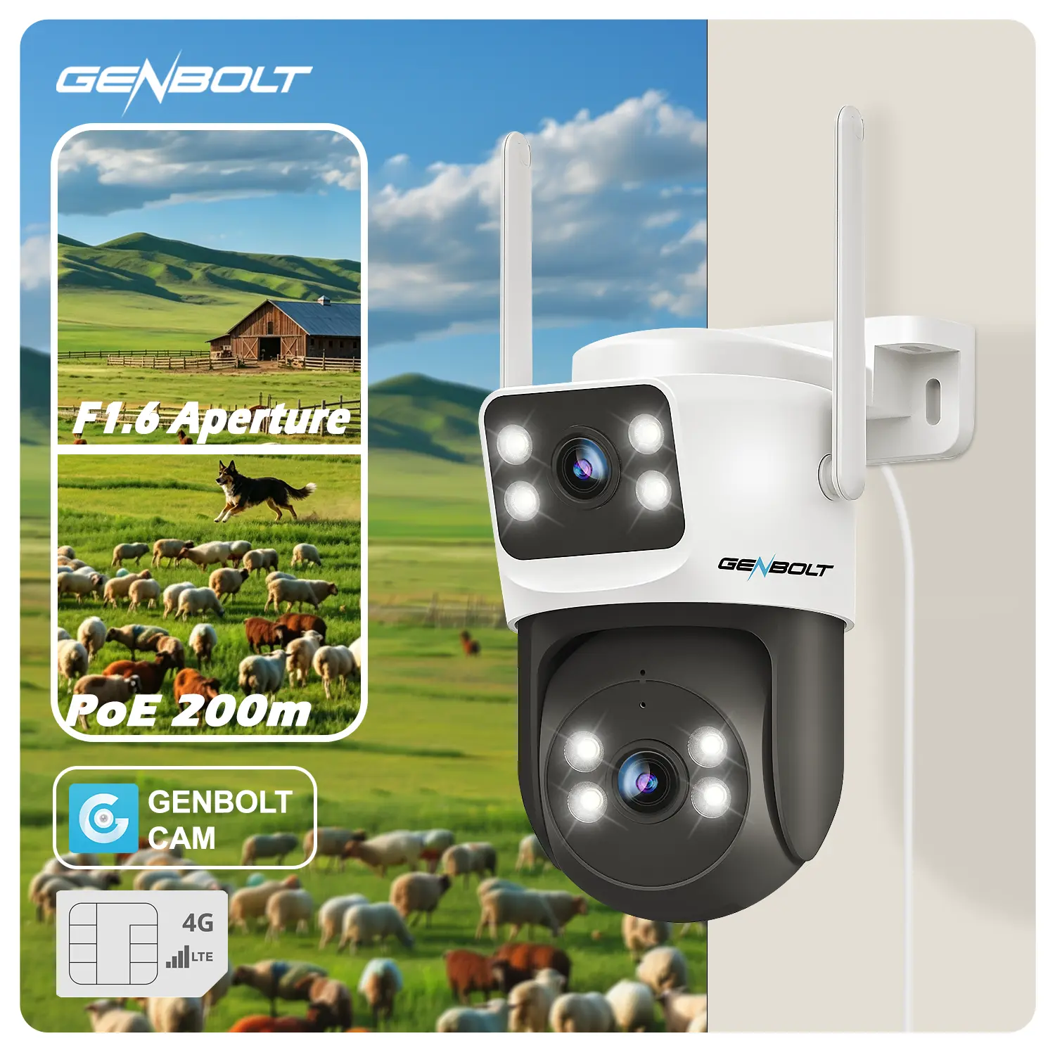 GENBOLT 4G LTE Cellular Security Camera Outdoor No WiFi, Dual Lens PoE Surveillance Camera CCTV with Sim Card, 24/7 Recording Plug in Wired IP Cam with Auto Tracking Human Detection
