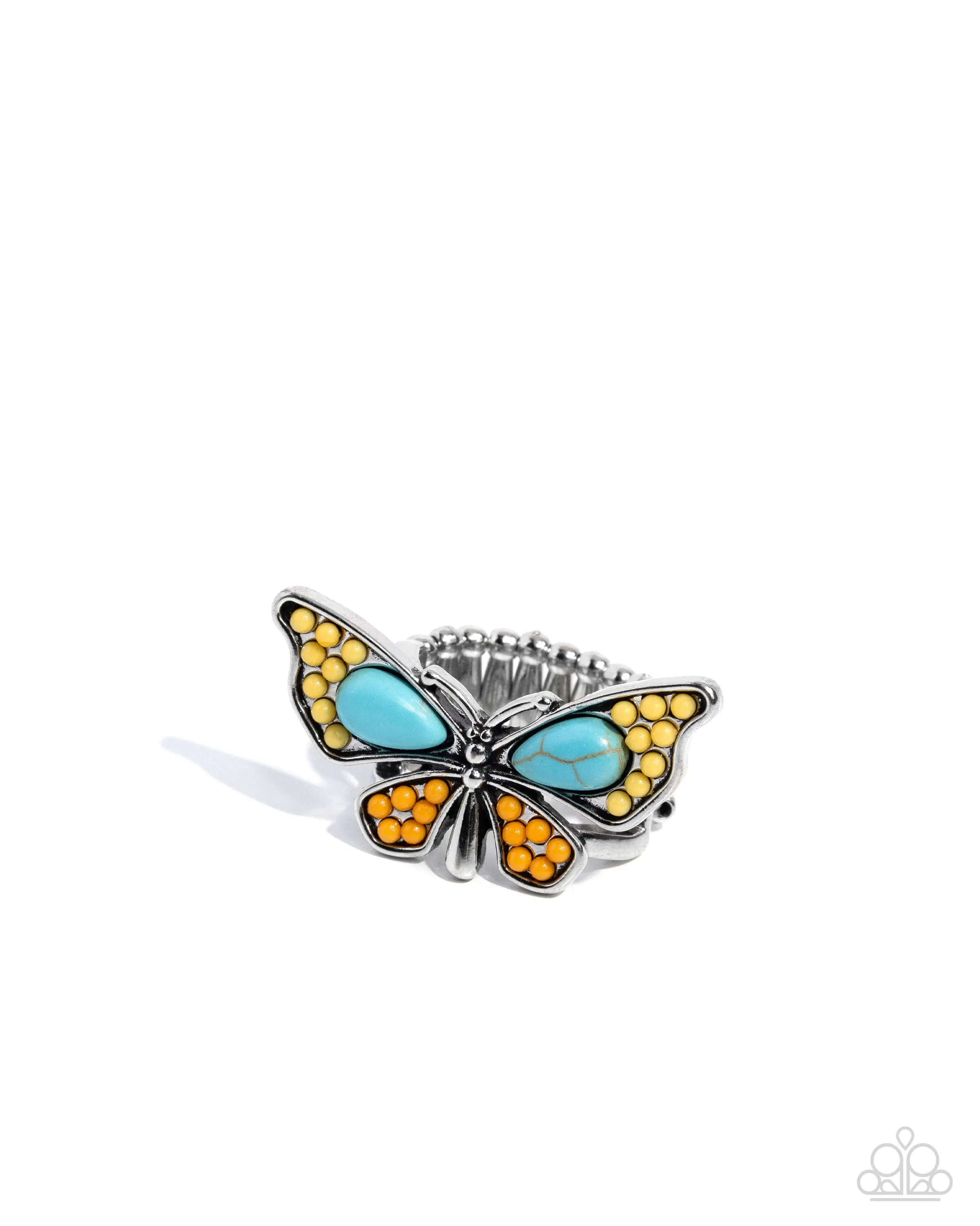 Aerial Acceleration - Yellow Turquoise Orange Stone Silver Butterfly Ring - Paparazzi
