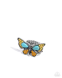 Aerial Acceleration - Yellow Turquoise Orange Stone Silver Butterfly Ring - Paparazzi