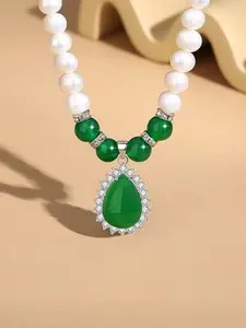 Elegant Pearl & Agate Necklace, Sparkling Imitation Diamond Pendant, Formal Occasions, Wedding, Evening Party, Anniversaries Jewelry