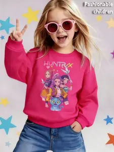 Cute K-Pop Hunter Print Girls' Round Neck Sweatshirt, Graphic Print Sweater, Long Sleeve Casual Fitted Top, Spring & Fall Essential, Multicolor, Cartoon Print Sweatshirt
