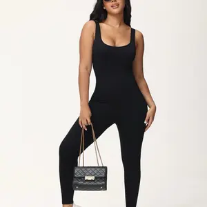 MORAZO Women's Solid Color Sleeveless Jumpsuit, Seamless Comfortable Shapewear, Square Neck Backless Sports Jumpsuit, Body Sculpting Tummy Control Ribbed Knit Slim Fit, Work Out Sport Yoga Playsuits Bodysuit Womenswear Smooth Lady Basic