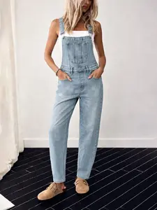 Women's Loose Fit Denim Overalls, Plain Pattern, All-Season Wear, Comfortable Wide-Leg Design, Ideal for Casual