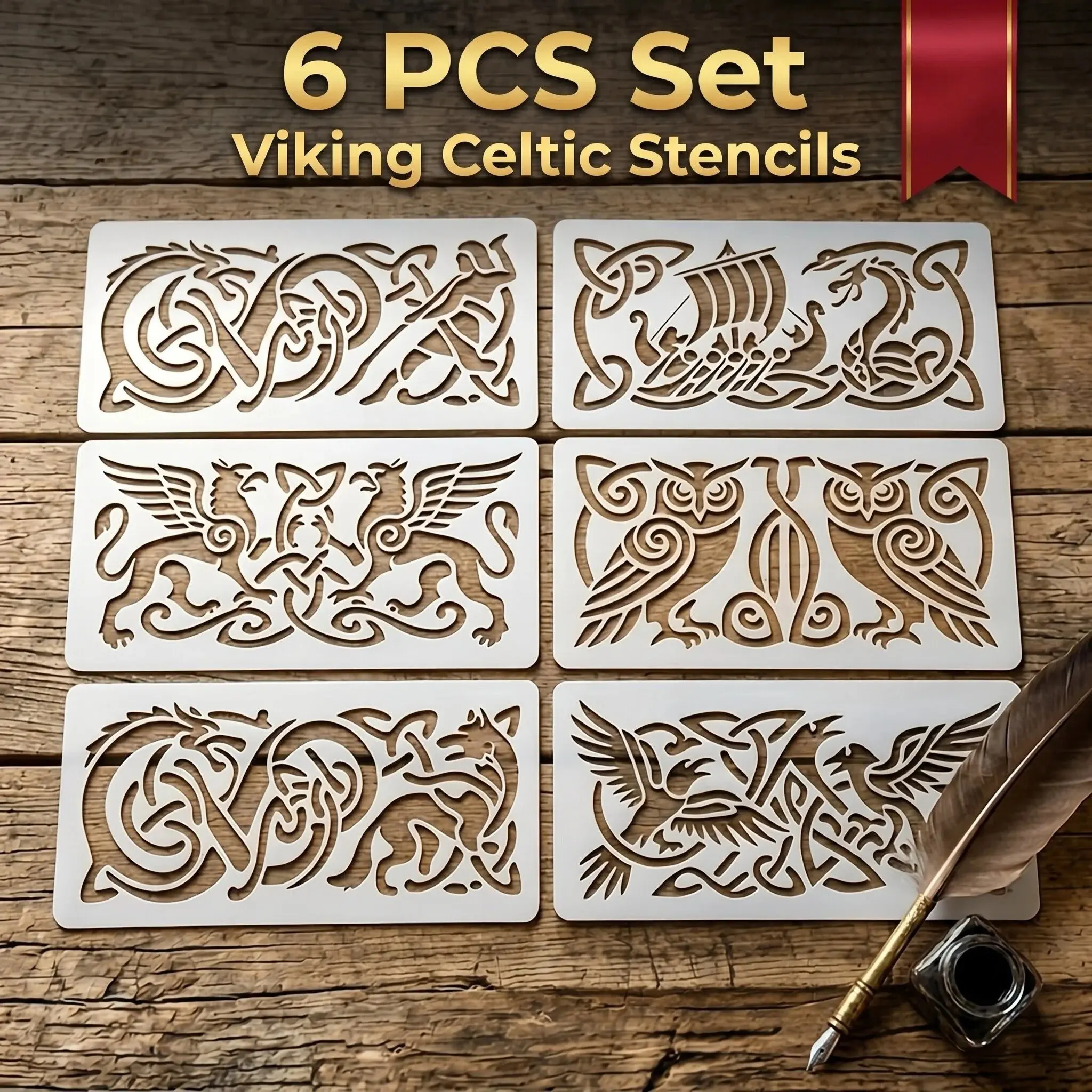 6-Piece Viking Celtic Templates for Painting, Reusable Plastic Norse Mythology Stencils, Raven Wolf Dragon Design, Home Decor and Journaling, DIY Art Painting Supplies