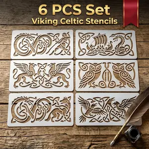 6-Piece Viking Celtic Templates for Painting, Reusable Plastic Norse Mythology Stencils, Raven Wolf Dragon Design, Home Decor and Journaling