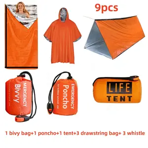 Complete Emergency Survival Kit, Polyester Rain Poncho, Insulated Sleeping Bag, Portable Rescue Tent, 3 Drawstring Bags, 3 Whistles, Camping, Exploring, Outdoor Emergencies