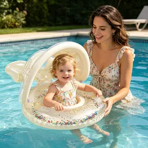 Jiajchuf Inflatable Baby Spring Float with Canopy, Glitter Blue Gingham Toddler Pool Float, Anti-Rollover Infant Swim Trainer, Kids Swim Ring, Beach, Inflatable Circle