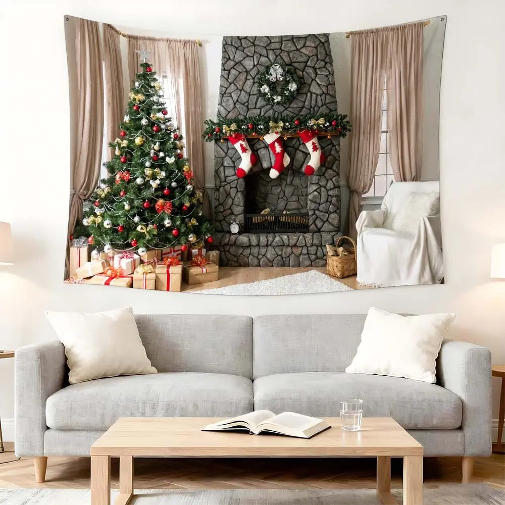1pc Festive Holiday Tapestry Wall Decoration for Cozy Living Rooms and Bedrooms Featuring a Christmas Tree and Fireplace Scene Perfect for Seasonal Ambiance and Home Décor Enhancements