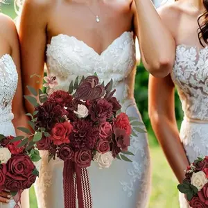 TINGE TIME 11" Burgundy Red Artificial Bridal Bouquet, Elegant Wedding Bouquets for Bride and Bridesmaid, Perfect for Wedding Anniversary, Bridal Shower, Tossing Bouquets, and Wedding Flowers