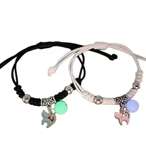 Couples’ 2-Piece Hand-Woven Luminescent Thread Matching Bracelets Set - Adjustable Metal-Coated Connection Symbol Bangle, Casual Style Daily Fashion Accessory Commemorative Gift