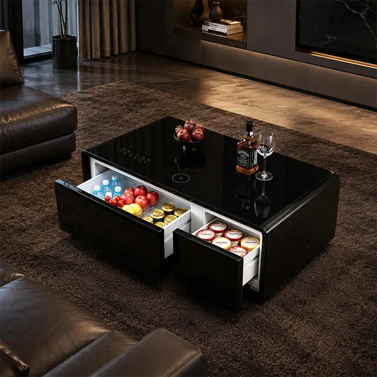 Coffee Table with Fridge and Freezer Drawer, Smart Center Table with USB Charging Ports, Bluetooth Speaker for Living Room, Modern Home Furniture