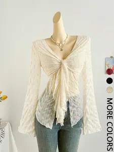 Women's Cute Sexy Button Tie Lace Top, Summer Woven Thin Fabric Loose Fit Blouse, Casual Fashionable Ladies' Clothing