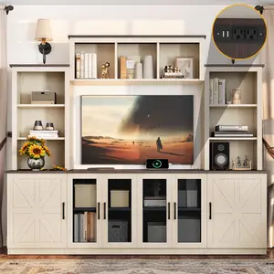[Bellemave]Wall Unit Entertainment Center with Charging Station and USB Charging for TVs,TV Stand with Large Storage Cabinet,Modern TV Stand Media Console with Cabinets,Beige