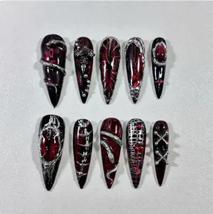 Gothic Vampire Press On Nails, Long Stiletto Black Red Nail Set with Cross & Chains, Halloween Punk Nails, Handmade 3D Metal Nail Art