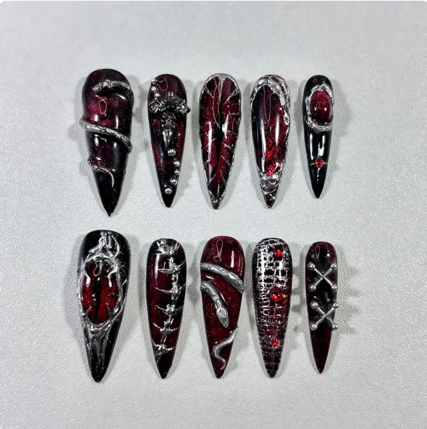 Gothic Vampire Press On Nails, Long Stiletto Black Red Nail Set with Cross & Chains, Halloween Punk Nails, Handmade 3D Metal Nail Art