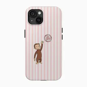 Cute Curious George Phone Cover – Fun Cartoon Monkey Sport Design with Volleyball on Pink Stripes, Curious George Lovers Phone KKG | Phone Case Suitable for Iphone