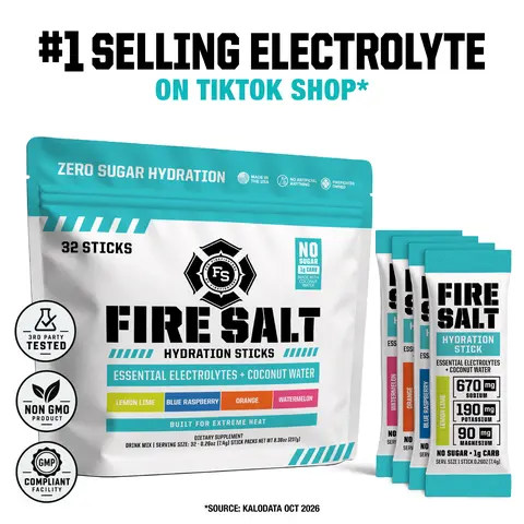 Fire Salt Electrolyte Powder Packets 32-Pack – Zero Sugar Hydration Drink Mix with Coconut Water & 3X Electrolytes – Workout, Recovery, Sauna, Endurance & Outdoors – Keto Friendly, Natural Ingredients, No Artificial Sweeteners