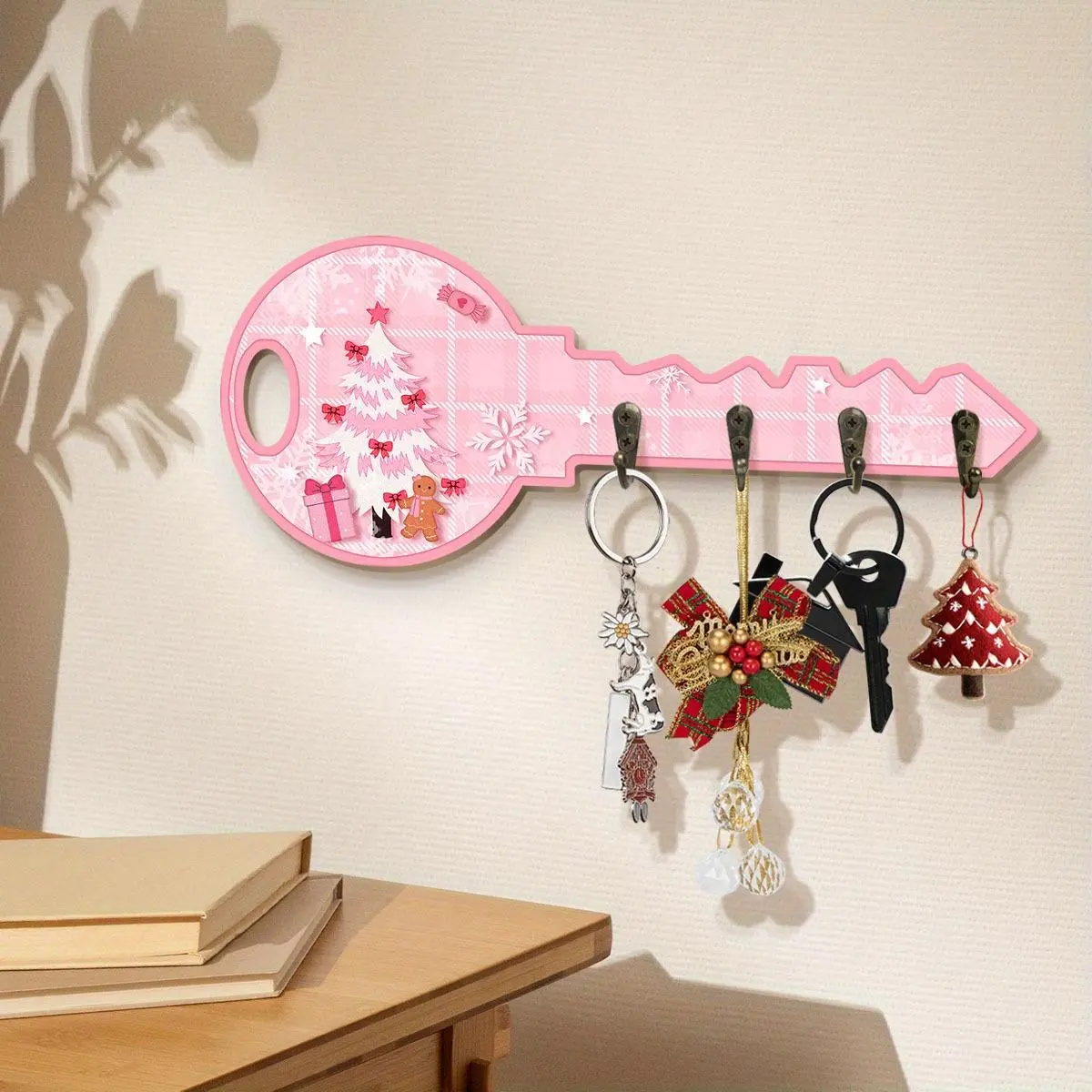 Creative Christmas Themed Decorative Hanging Board with Hooks, 1 Count Tree & Gift & Gingerbread Man & Snowflake Pattern Decoration, Key Design Wall Mounted Key Holder, Key Hanger Wall Mount for Entrance Hallway Front Door