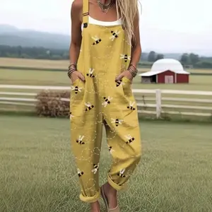 Women's Patchwork Dual Pocket Jumpsuit Loose Floral Print Bohemian Wide Leg Bib Overall