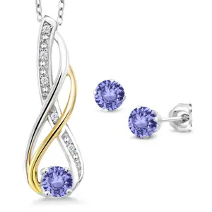 925 Sterling Silver and 10K Yellow Gold Blue Tanzanite and Diamond Pendant and Earrings Jewelry Set For Women 0.94 Cttw, Gemstone Birthstone, with 18 Inch Chain