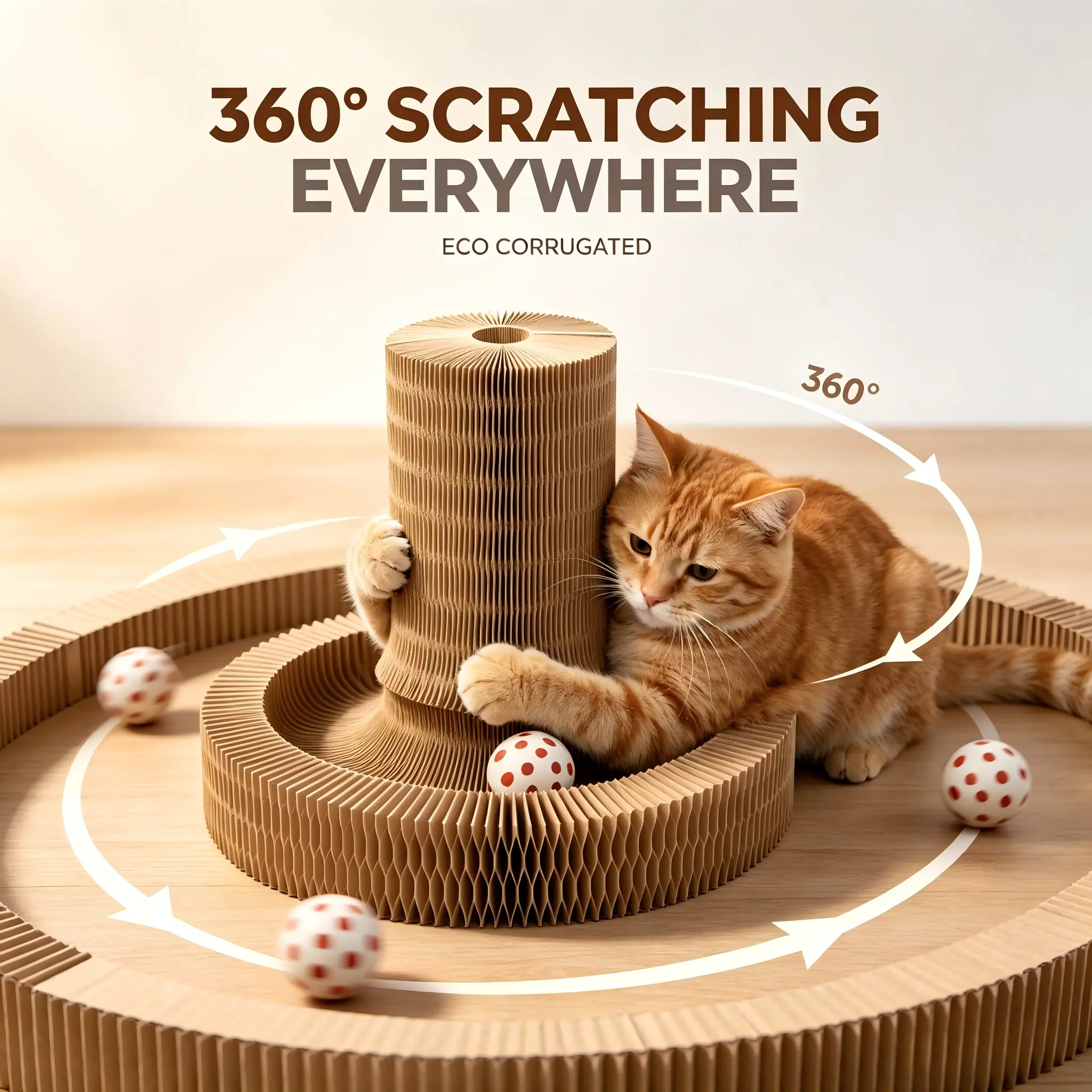Space Saving Foldable Cat Scratcher Set Round Corrugated Post with Ball L-Shape Wooden Scratcher with Bell No Assembly for Apartment Cats