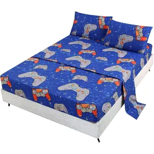 4PCS Blue Gamer Sheets Set Twin, Soft Microfiber Gaming Bed Sheet, Games Console Twin Sheets Set for Boys Girls Kids and Teens All Season