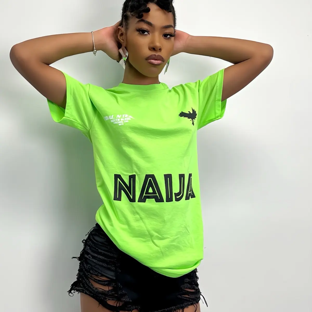 Women's Short-Sleeve Loose-Fitting Pull-On Oversize 'Naija' Letter Graphic T-Shirt - Round Neck, High-Quality Material, Team Naija, Basic, All-Season Casual Game Day Streetwear Top