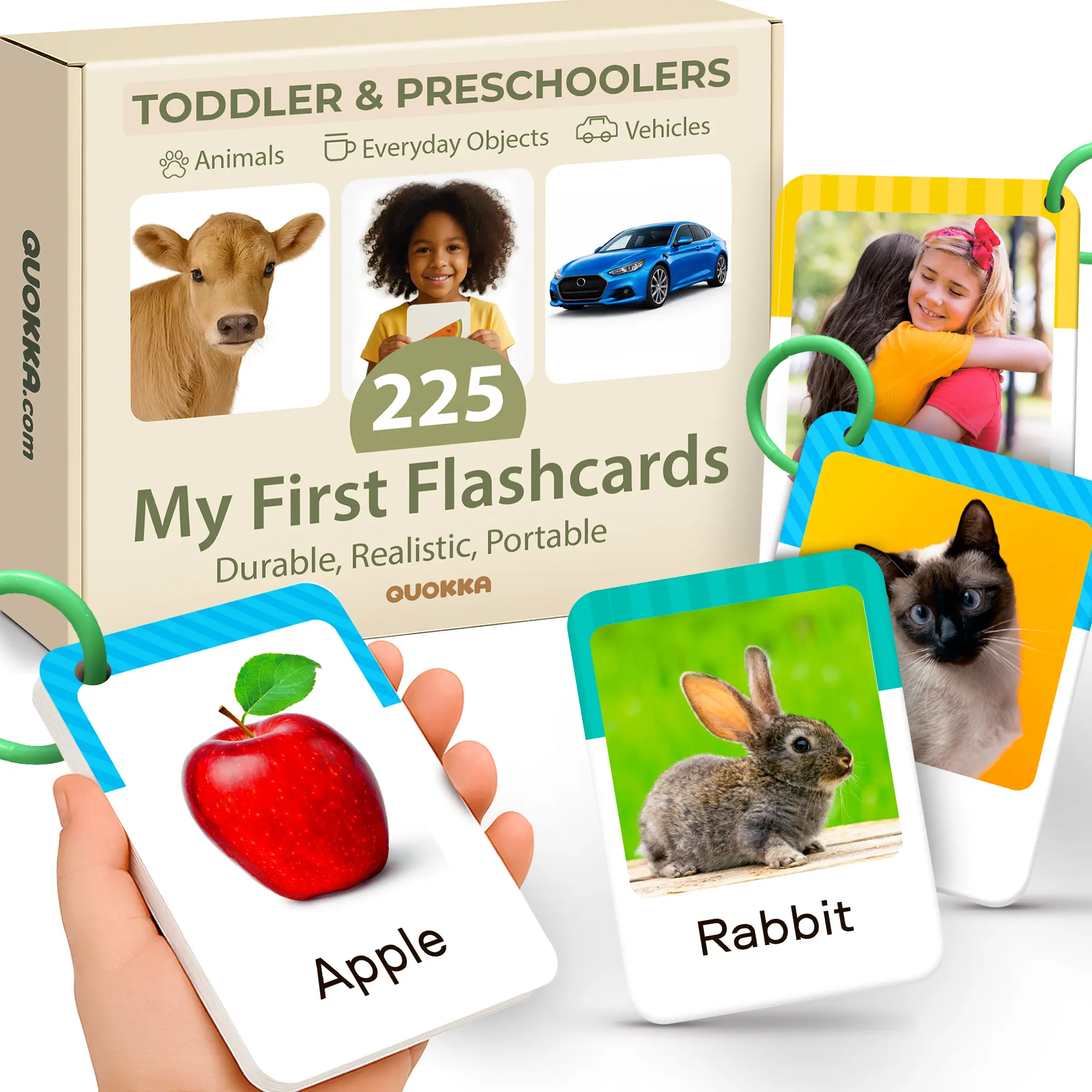 QUOKKA 225 Toddler Flash Cards with Rings - Durable Realistic Early Literacy Tools for Ages 1-5, ABC Letter Learning Aids, Study Support for Letter Recognition & Vocabulary Building, Flash Cards For Studying