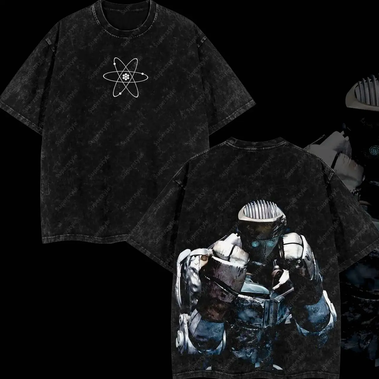 Superstyle Atom - Real Steel Edition Double Printed Oversize Lightweight Acid Washed Tee Hoodie Sweater TV Series Graphic Design Top Cotton Streetwear Movie T-Shirt Clothes Menswear Womenswear Hoodie Sweatshirt Apparel Classic X0H GA2