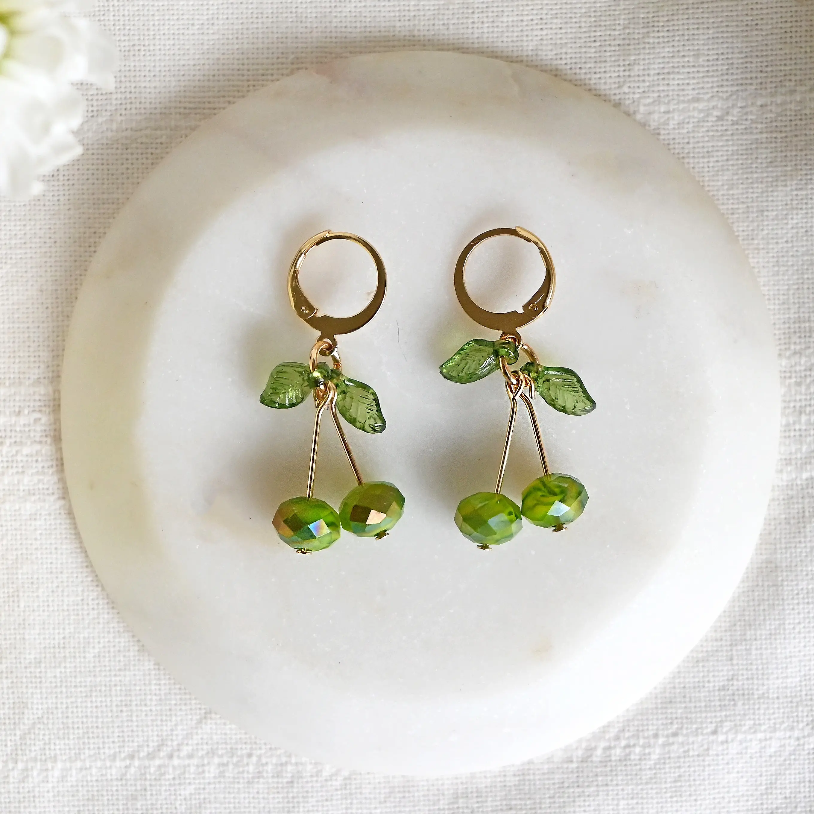 Handmade Beaded Lime Earrings with Gold Lever Hooks Faceted Green Glass & Acrylic Leaves Lightweight 18k Gold Plated Stainless Steel Hooks Perfect for Summer Parties & Gifts