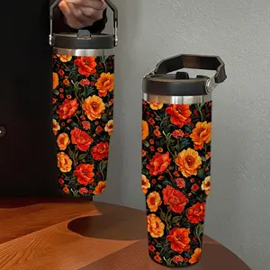 30oz Double Wall Insulated Water Bottle with Straw, Vibrant Peony Pattern for Outdoor Activities and Travel, Ideal Gift for Hot and Cold Beverages