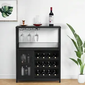 Industrial Bar Cabinet - MDF Wood Adjustable Organizer with Removable Wine Storage, Glass Tray, Mesh Doors and Extra Space for Living Room, Dining Room, Adjustable Storage Cabinet, Mdf Wood Cabinet