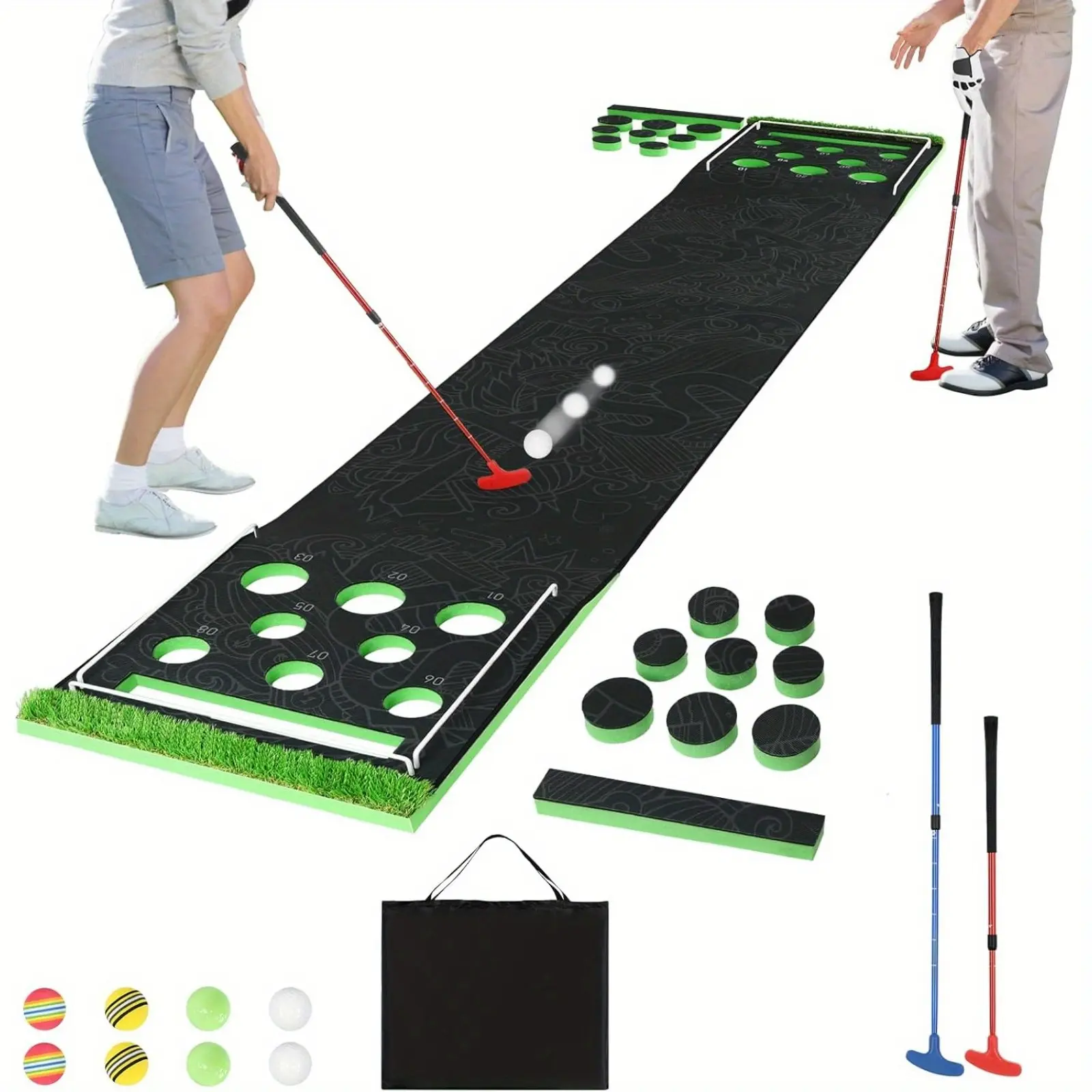Golf Putter Mat Golf Table Tennis Game Set Mini Golf Practice Equipment Training Includes 2 Adjustable Putters, 8 Golf Balls, 16 Golf Hole Covers, Suitable for Indoor, Outdoor, Office, and Backyard, Makes an Excellent Gift