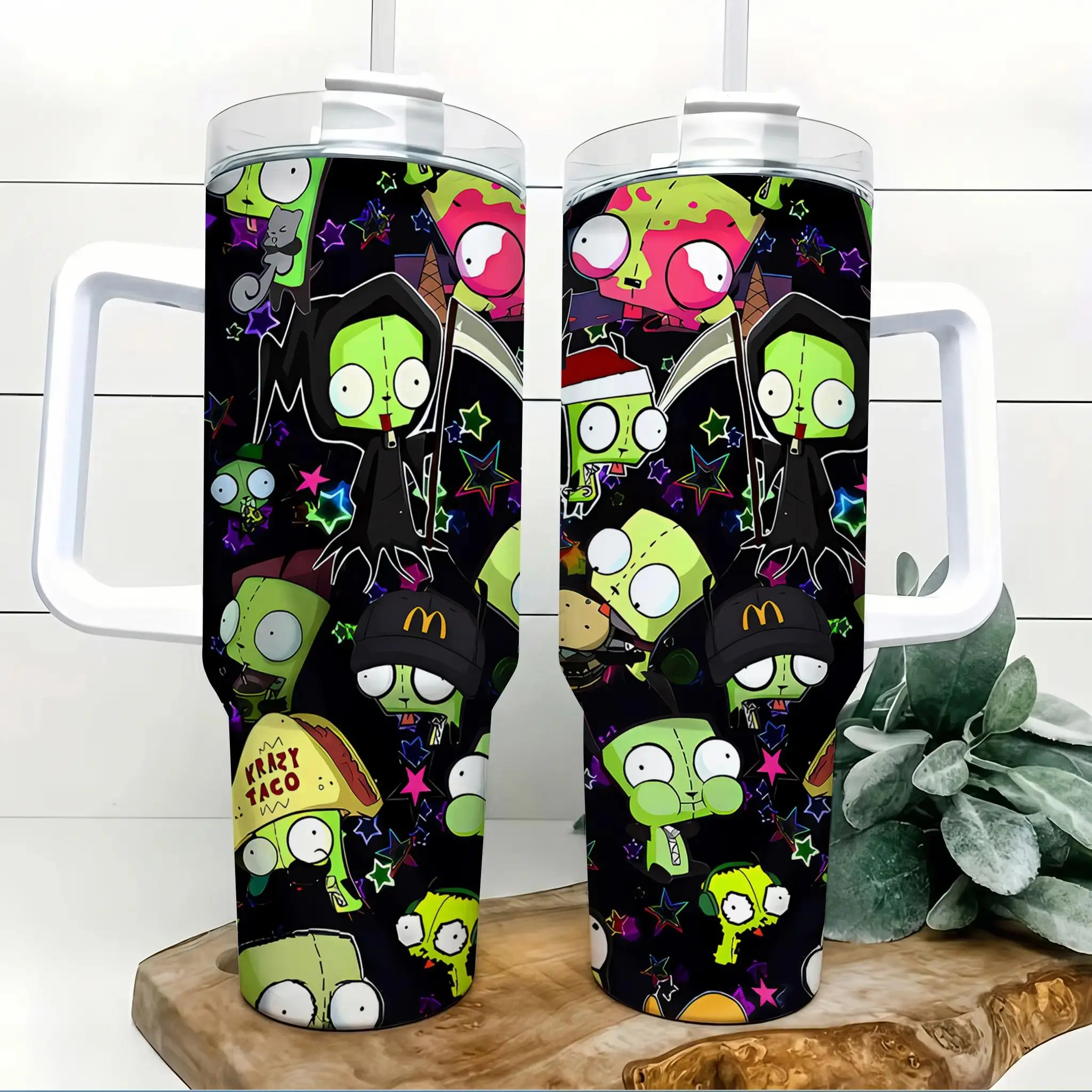 Invader Zim 40oz Insulated Tumbler with Handle & Straw, Dark Alien Cartoon Stainless Steel Travel Mug