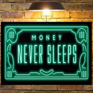 Frameless "Money Never Sleeps" Neon Wall Art - Green Glowing Dollar Bill Design with 100 Dollar Bill Pattern, Self-Lighting Currency Theme, Suitable for Office, Cave, Bank Decoration - Modern Financial Success (No Frame Needed), 2D Flat, Perfect for Room