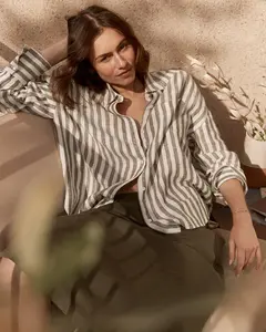 Women's Olive/Ivory Striped Linen Boxy Shirt - Casual, Stylish & Breathable