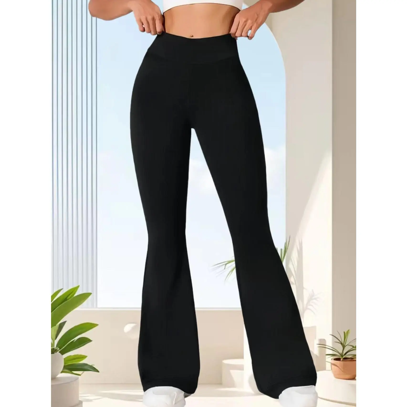 Women's High-Waist Flared Stretchy Knitted Polyester Long Pants - Elastic Waistband, Body-Slimming, Lightweight, Medium Stretch, for Yoga & Daily Wear (Female Leggings)