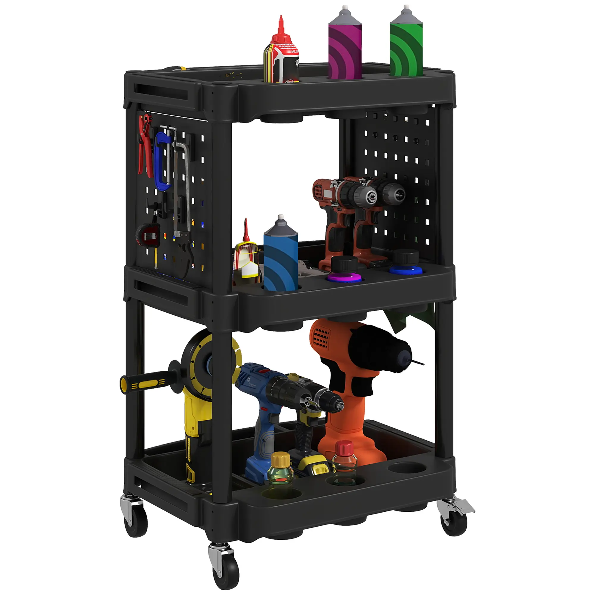 HOMCOM 3-Tier Rolling Tool Cart with Wheels, 200 LBS Capacity Plastic Utility Cart with Side Shelves, Mobile Service Tool Organizer for Garage, Warehouse, Workshop, Black and Red