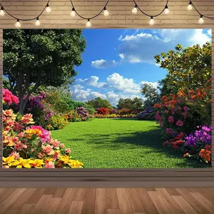 1pc Polyester Reusable 2D Flat Banner - Flower Garden Spring Print Wall Hanging Backdrop, Party Decoration Supplies for Spring Parties, Weddings, Birthdays, Birthday