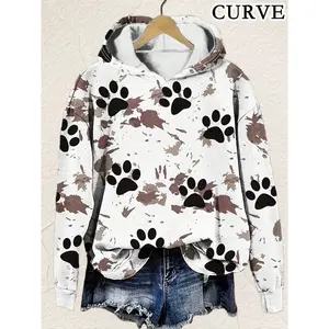 Plus Size Women's Autumn and Winter Hooded Long Sleeved Printed Pullover Sweater Sweatshirt