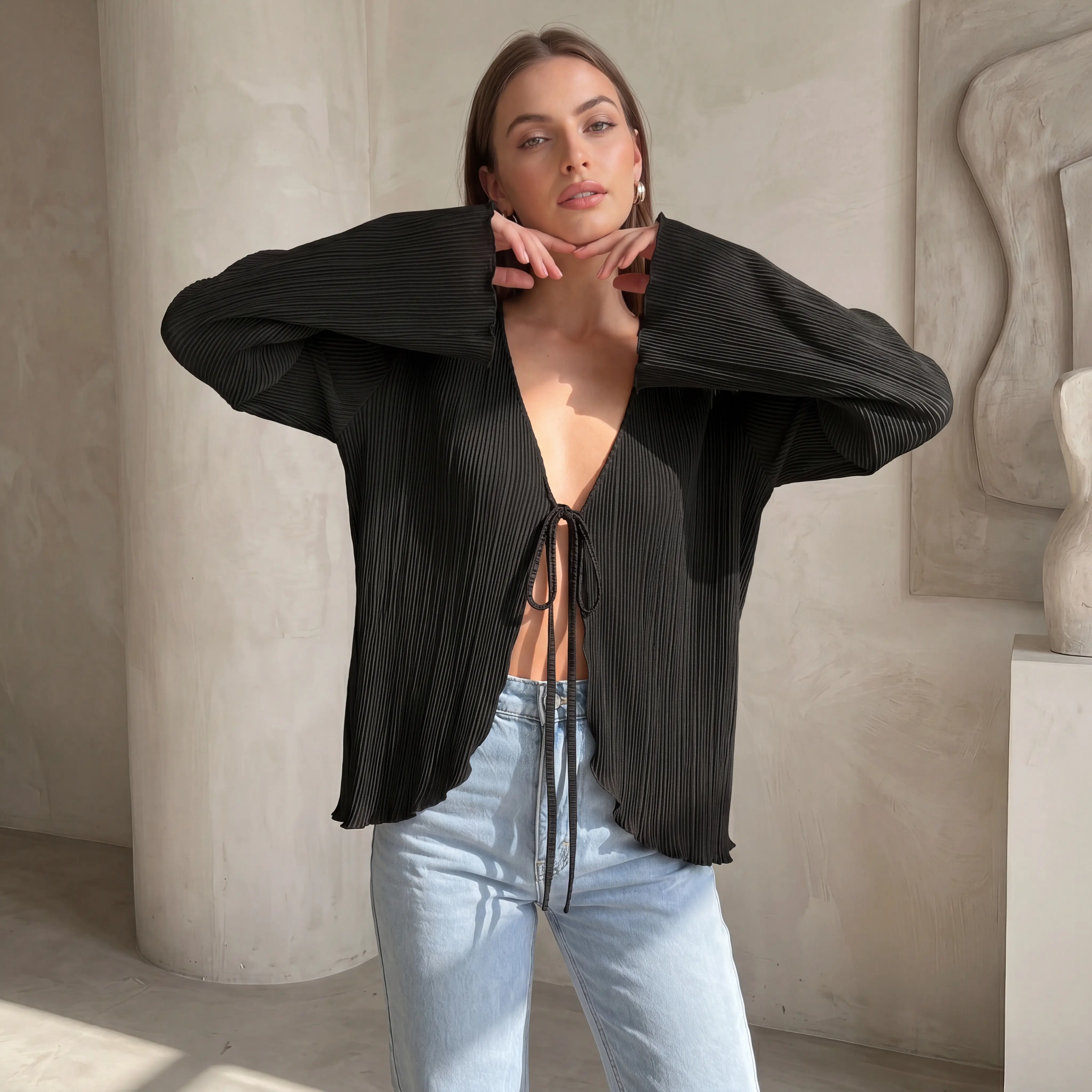 Women's Black Tie Front Cropped Cardigan Accordion Pleat V Neck Bell Sleeve French Casual Top,summerwins