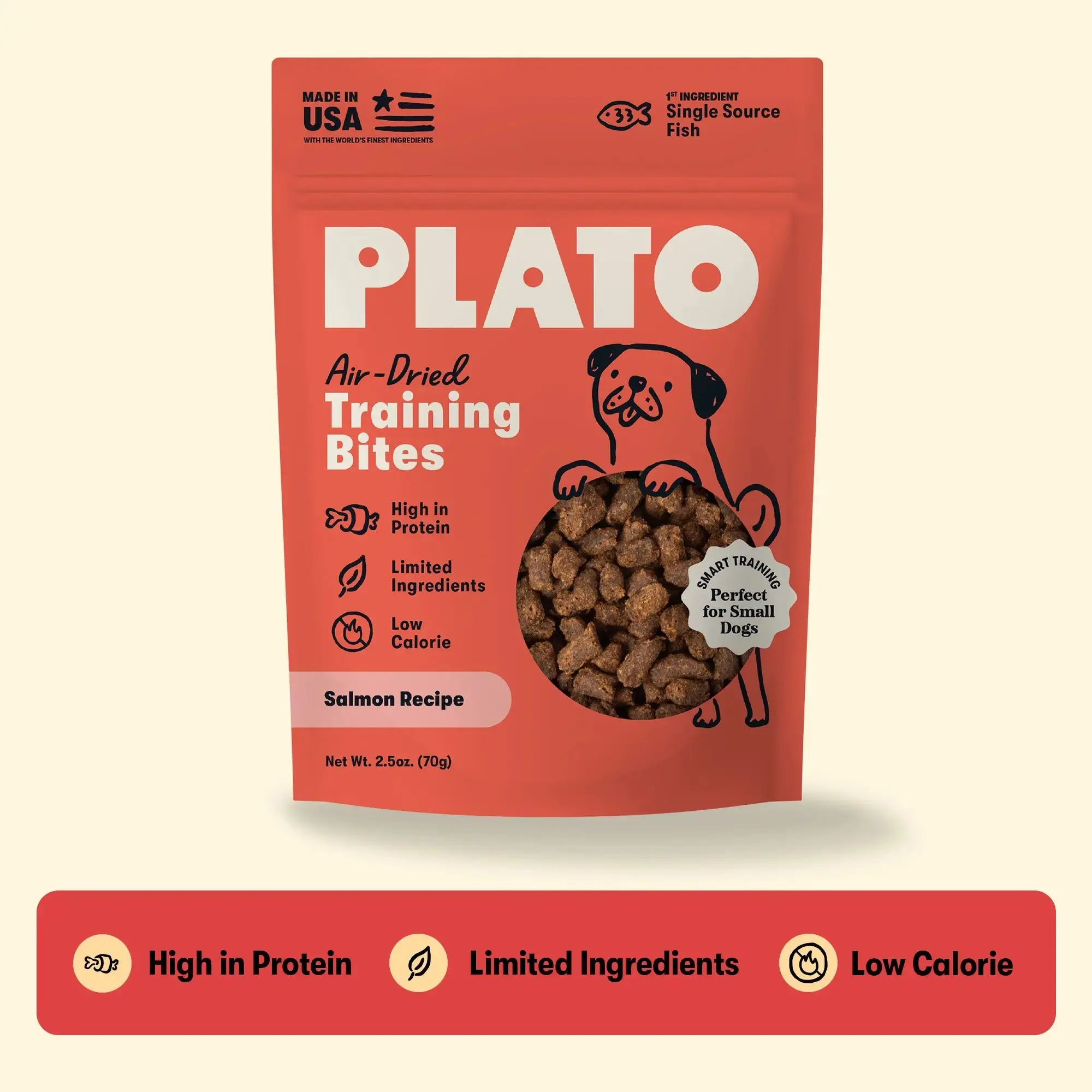 Plato Small Bite-Sized Natural Salmon Dog Training Treats - High Protein, Grain-Free, Gluten-Free, Solid, USA-Made, with Digestive Aid, Puppy-Friendly Dog Biscuits