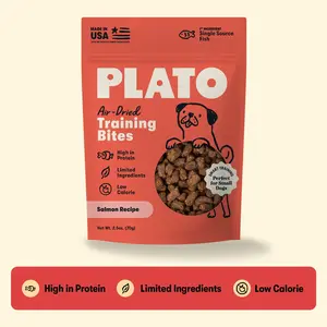Plato Small Bite-Sized Natural Salmon Training Dog Treats - High Protein, Grain-Free, Real Fish Snacks with Digestive Aid, Made in the USA for Puppies, Puppy
