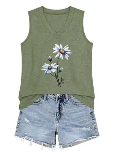 Floral Graphic  Printed Women's V-Neck Sleeveless Top, Floral Print Cami, Casual Fitted Short Shirt, Comfortable Fabric for Daily Wear, Available in 6 Colors