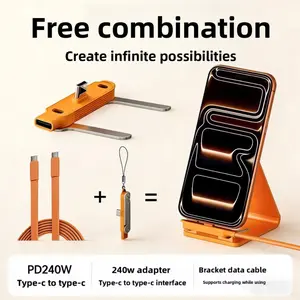 240W SuperCharge 2-in-1 Detachable Charging Cable, Zinc Alloy Silicone Type-C Cable with Rotating Invisible Stand, Compatible with Apple & Samsung Smartphones, Ideal for Gaming & Car Use, Single Head Extend Charger