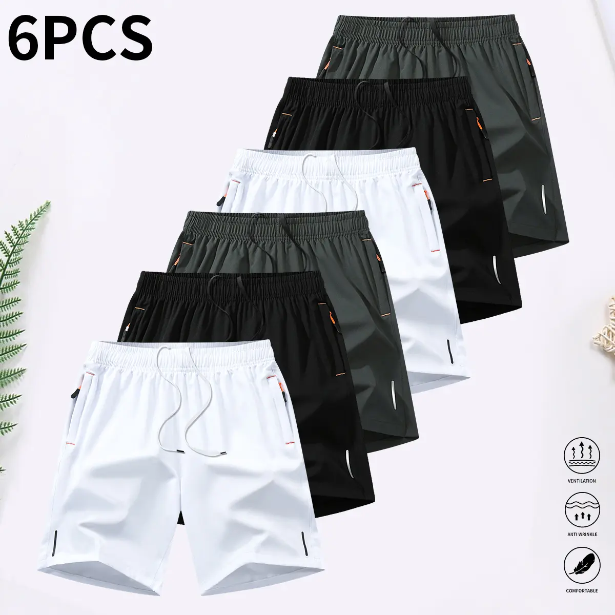 6-piece set, men's zipper pocket shorts, summer ice silk beach shorts, ice-sense quick-dry sports casual pants, basketball shorts thin, plus-size men's clothing reflective strip design, Menswear，Plain Trouser，suitable for running and fitness. Beige,summer