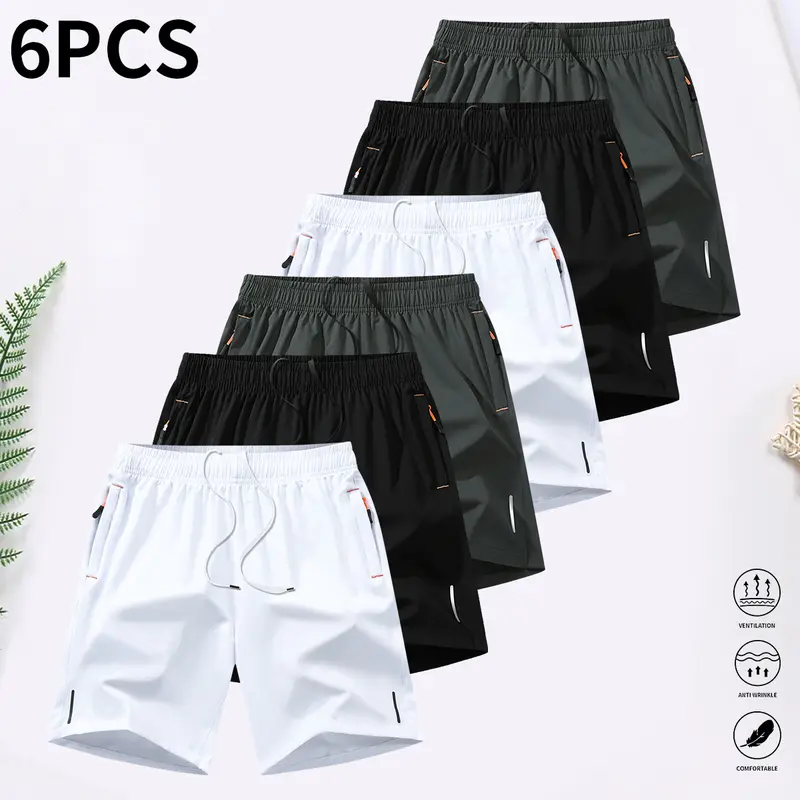 6-piece set, men's zipper pocket shorts, summer ice silk beach shorts, ice-sense quick-dry sports casual pants, basketball shorts thin, plus-size men's clothing reflective strip design, Menswear,Plain Trouser,suitable for running and fitness. Beige,summer