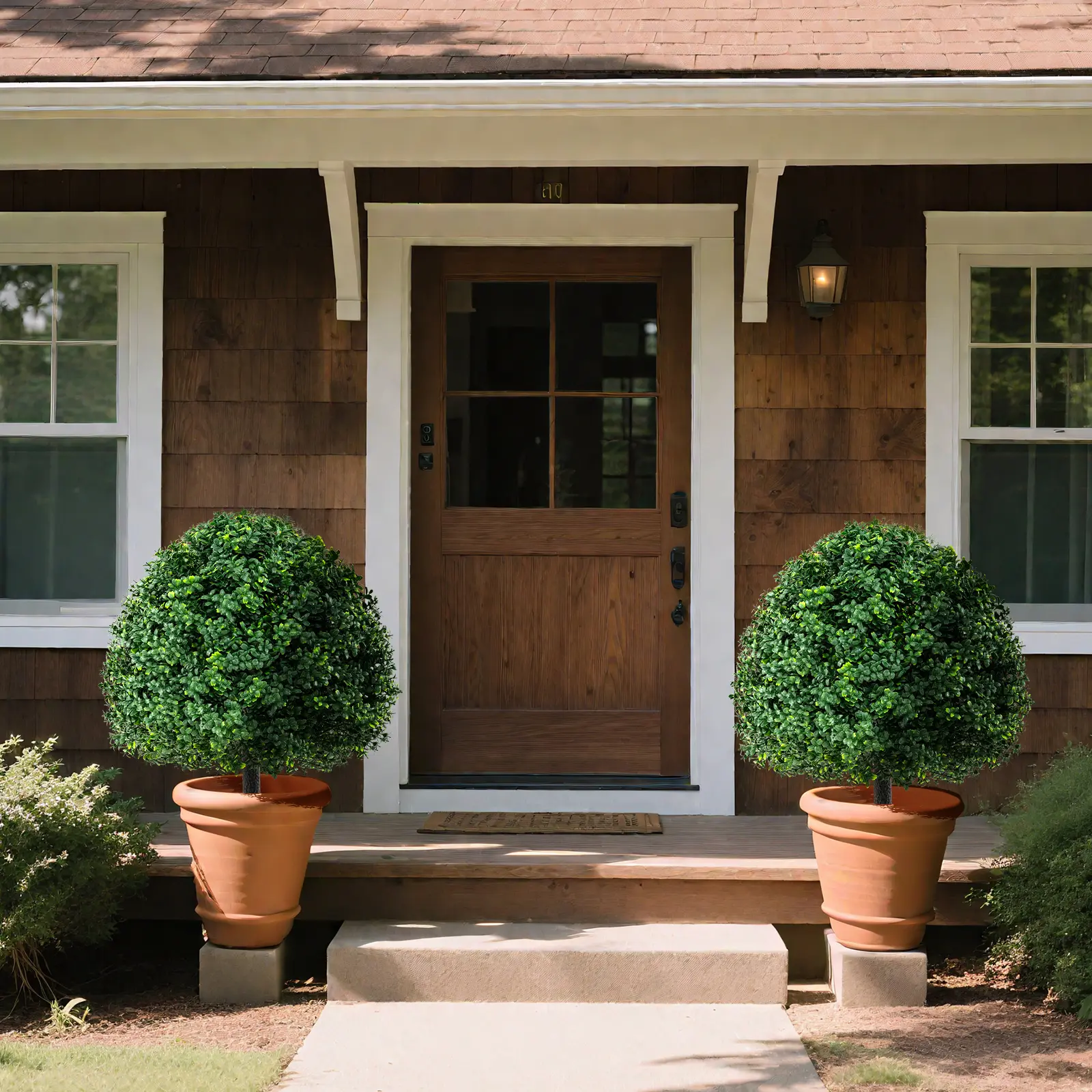 COSTWAY - 28 Inches Artificial Boxwood Topiary Ball Tree Set of 2 with Ground Spike-Green